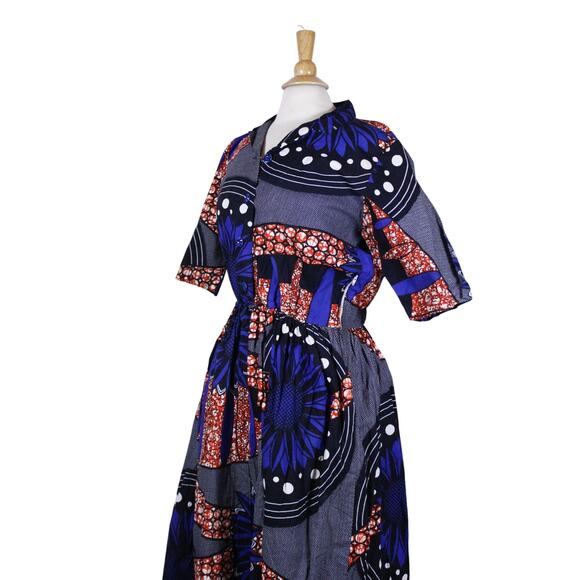 African Ankara midi dress button short sleeve handmade print blue dot sz S/M - Picture 2 of 8